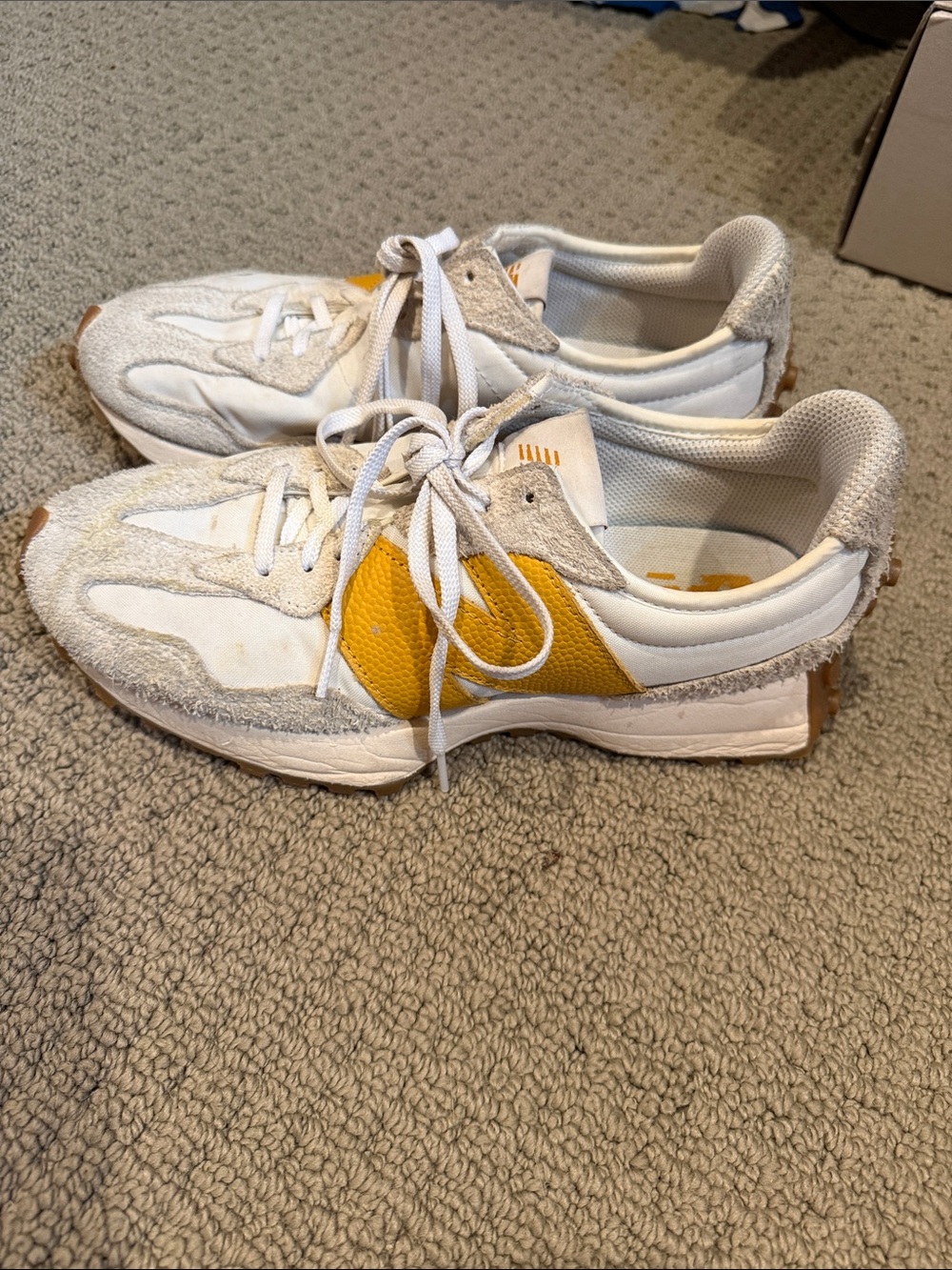 New Balance White and Yellow Low-Top Sneakers